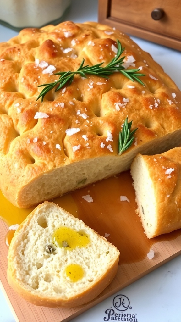 Golden brown focaccia bread with rosemary and sea salt on a wooden board.